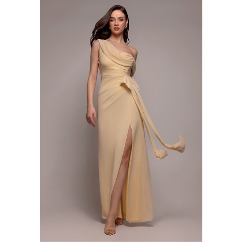 Goddiva One Shoulder Cowl With Bow Detail Maxi Dress - Butter Yellow