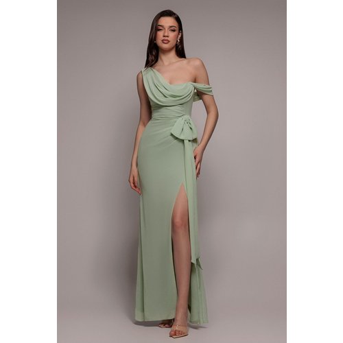 Goddiva One Shoulder Cowl With Bow Detail Maxi Dress - Sage Green