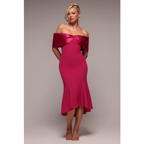 Goddiva Twist Knot Satin & Scuba Bardot High Low Midi Dress - Magenta
