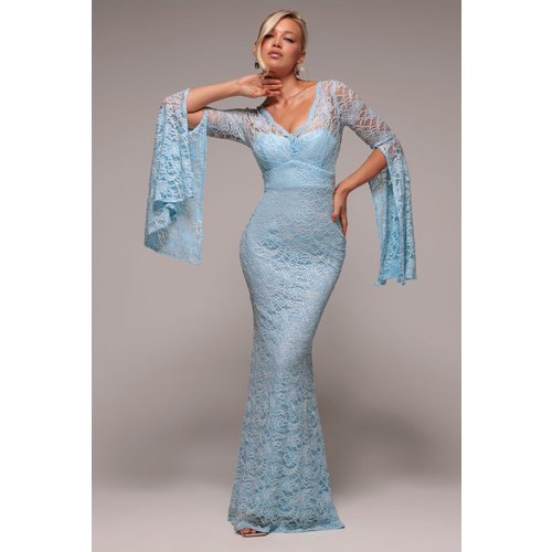 Goddiva Cape Sleeve Lace Mermaid Hem Maxi Dress - Sky Blue