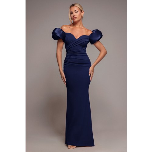 Goddiva Puffy Satin Sleeve Scuba Maxi Dress - Navy Blue