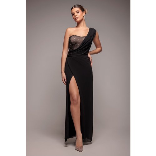Goddiva One Shoulder Diamante Chiffon Evening Maxi Dress - Black