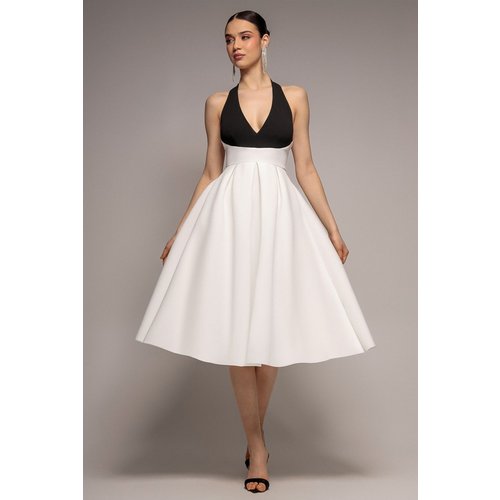 Goddiva Contrast Halter Neck Pleated A-Line Midaxi Dress - Black Cream