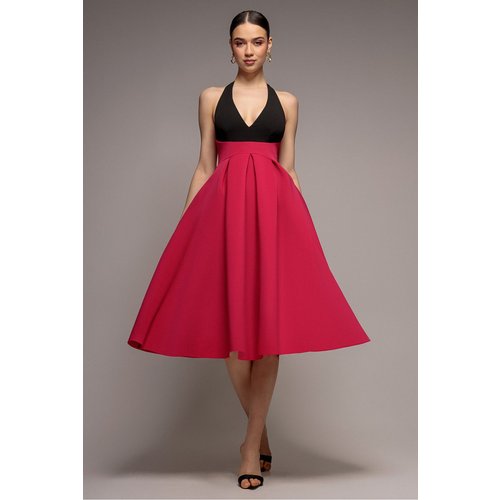 Goddiva Contrast Halter Neck Pleated A-Line Midaxi Dress - Black Magenta