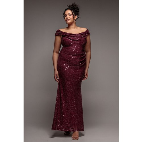 Goddiva Plus Cap Sleeve Iridescent Sequin Cowl Maxi Dress - Burgundy Red