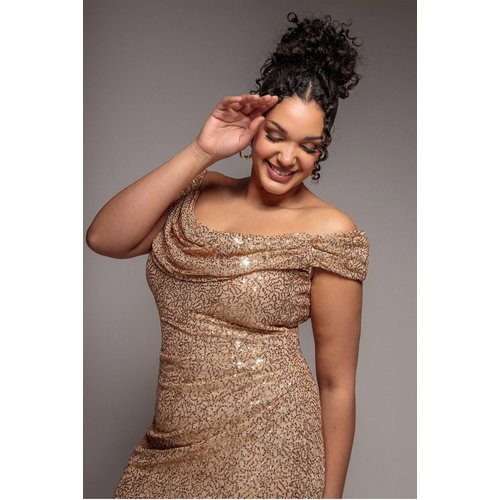 Goddiva Plus Cap Sleeve Iridescent Sequin Cowl Maxi Dress - Gold
