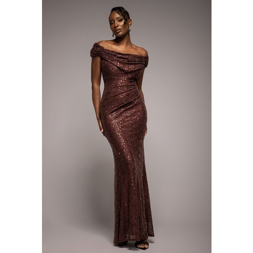 Goddiva Cap Sleeve Iridescent Sequin Cowl Maxi Dress - Brown