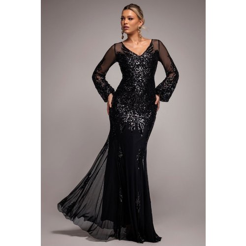 Goddiva Embellished Sequin Bishop Sleeve Maxi Dress - Black