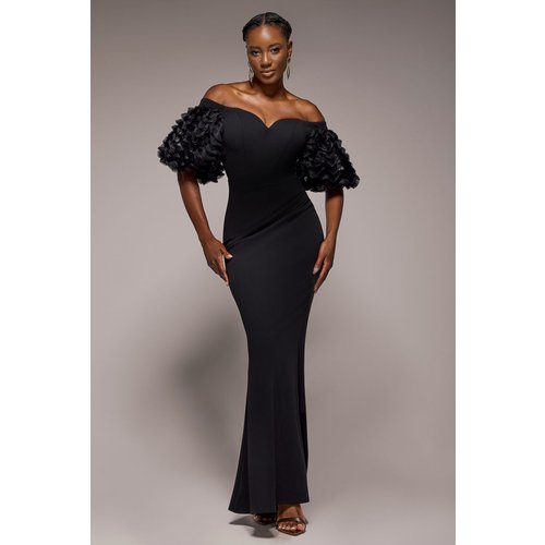 Goddiva Off The Shoulder 3D Puffed Sleeve Sweetheart Maxi Dress - Black
