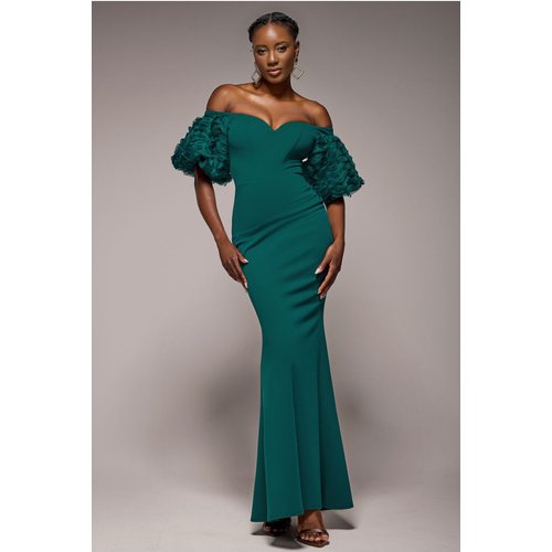 Goddiva Off The Shoulder 3D Puffed Sleeve Sweetheart Maxi Dress - Emerald Green