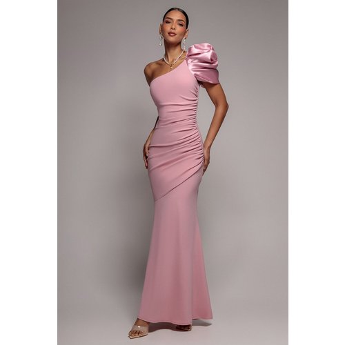 Goddiva One Shoulder Puffed Satin Sleeve Evening Maxi Dress - Blush Pink