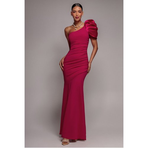 Goddiva One Shoulder Puffed Satin Sleeve Evening Maxi Dress - Magenta