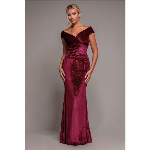 Goddiva Shimmer Velvet Bardot Maxi Dress - Wine