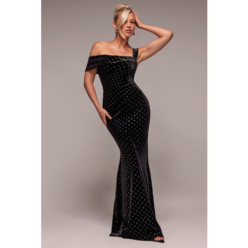 Goddiva Glitter Polka Dot Velvet One Shoulder Maxi Dress - Black