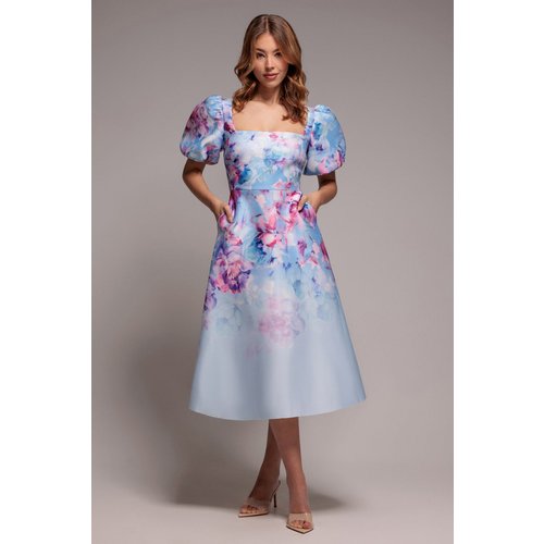 Goddiva Printed Scuba Square Neck Puff Sleeve Midi Dress - Blue