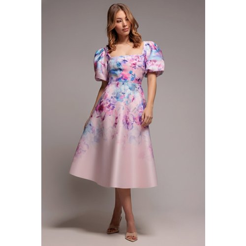 Goddiva Printed Scuba Square Neck Puff Sleeve Midi Dress - Blush Pink