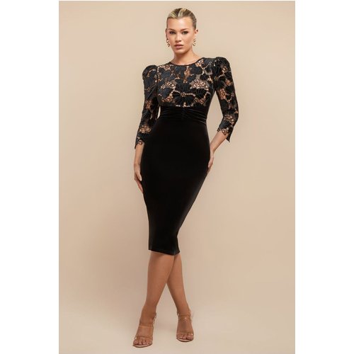 Goddiva Scalloped Crochet & Velvet Midi Dress - Black