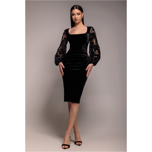 Goddiva Square Neck Scalloped Crochet Sleeve Velvet Midi Dress - Black