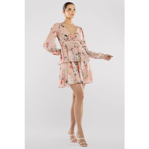 Goddiva Sustainable Tiered Wrap Floral Mini Dress - Peach Floral