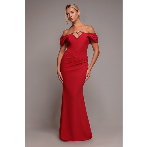 Goddiva Diamante Heart Trim Evening Maxi Dress - Red
