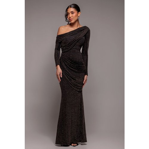 Goddiva Off The Shoulder Gathered Panel Sparkle Lurex Maxi Dress - Black Gold