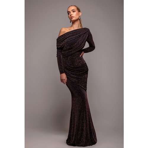 Goddiva Off The Shoulder Gathered Panel Sparkle Lurex Maxi Dress - Black Rose