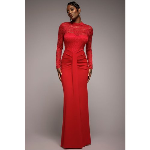 Goddiva Lace High Neck Sheer Bodice Long Sleeve Maxi Dress - Red