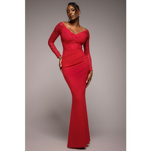 Goddiva Scalloped Lace Bodice Long Sleeve Bardot Maxi Dress - Red
