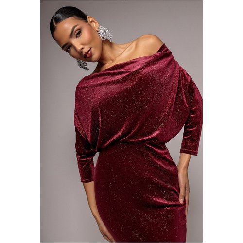Goddiva Glitter Velvet Cowl Neck Sheath Midi Dress - Wine