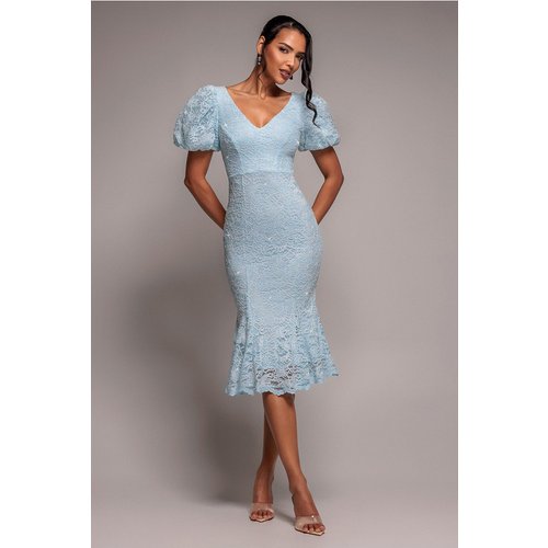 Goddiva Scallop Lace Puff Sleeve Fit & Flare Midi Dress - Sky Blue