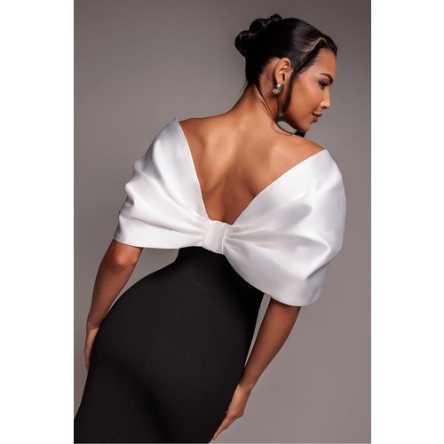 Goddiva Contrast Off Shoulder Back Satin Bow Scuba Maxi Dress - Black Cream