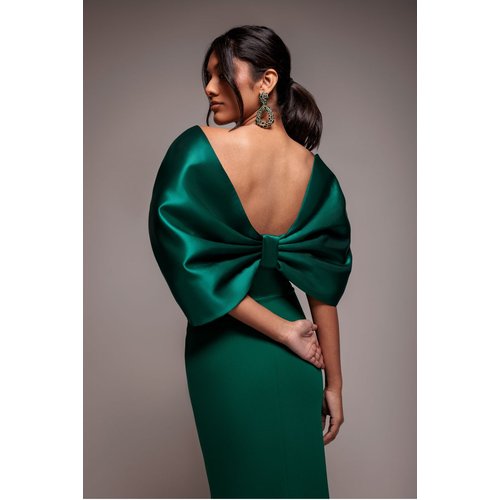 Goddiva Off Shoulder Back Satin Bow Scuba Maxi Dress - Emerald Green