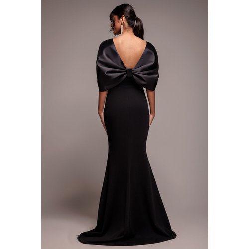 Goddiva Off Shoulder Back Satin Bow Scuba Maxi Dress - Black
