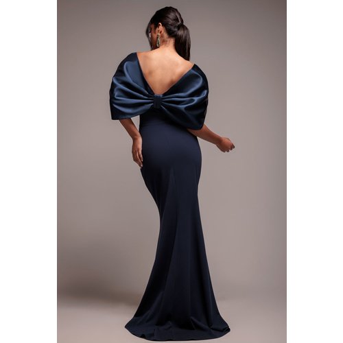 Goddiva Off Shoulder Back Satin Bow Scuba Maxi Dress - Navy Blue