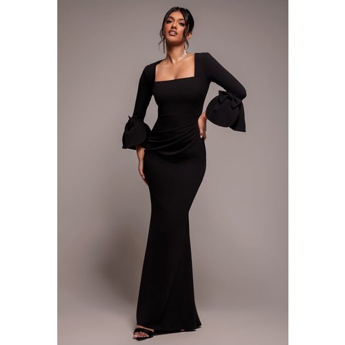 Goddiva Petal Bow Sleeve Frill Maxi Dress - Black