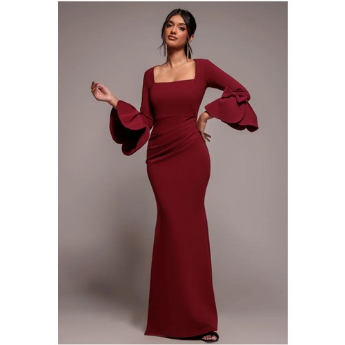 Goddiva Petal Bow Sleeve Frill Maxi Dress - Wine