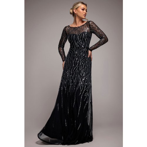 Goddiva Ombre Sequin Beaded Flared Long Sleeve Maxi Dress - Black