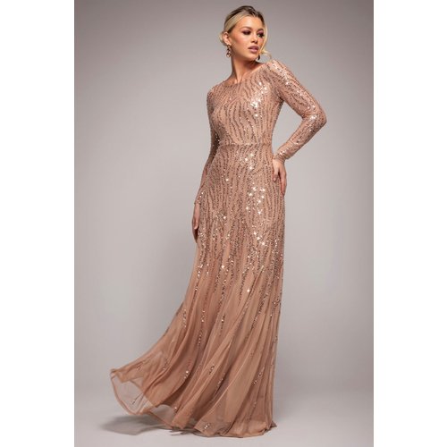 Goddiva Ombre Sequin Beaded Flared Long Sleeve Maxi Dress - Champagne