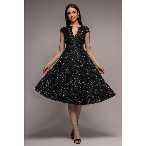 Goddiva Bead Embellished Jacquard A Line Midi Dress - Black