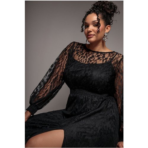 Goddiva Plus Lace Long Sleeve Shirred Waist Maxi Dress - Black