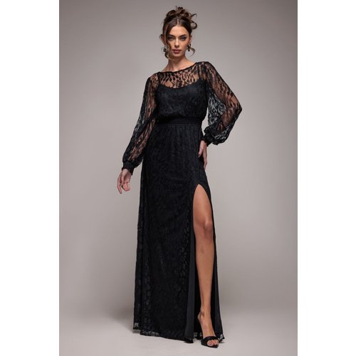 Goddiva Lace Long Sleeve Shirred Waist Maxi Dress - Black