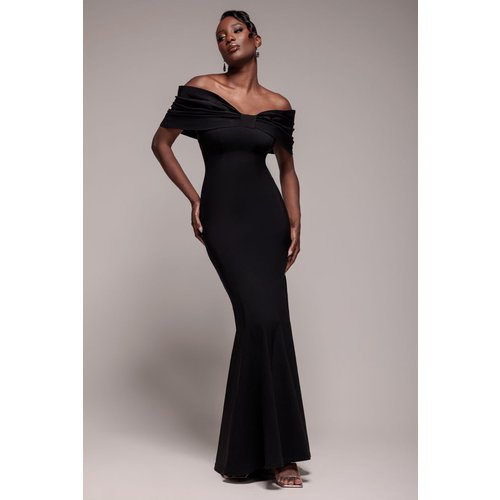 Goddiva Bardot Bow Neck Maxi Dress - Black