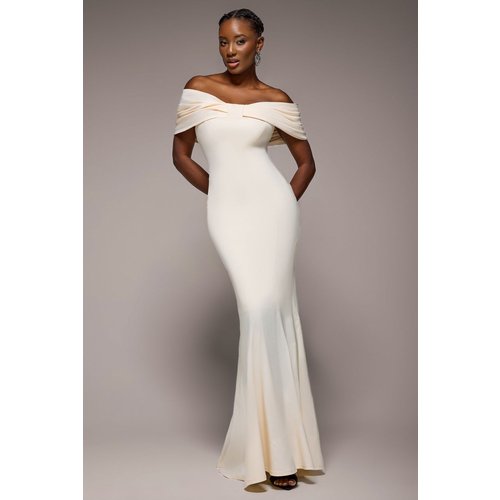 Goddiva Bardot Bow Neck Maxi Dress - Cream