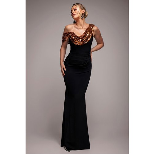 Goddiva Cowl One Shoulder Contrast Sequin & Scuba Crepe Maxi Dress - Bronze