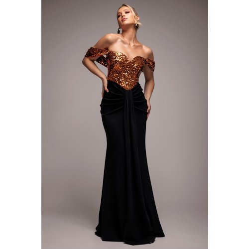 Goddiva Corset Sequin Wing Bodice Scuba Skirt Maxi Dress - Bronze