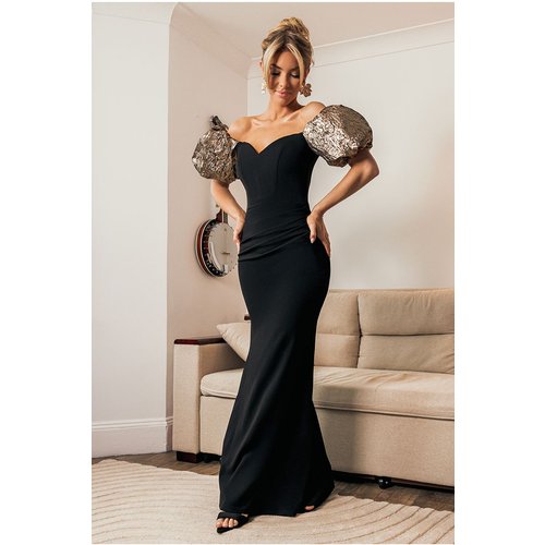 Goddiva Jacquard Puff Sleeve Sweetheart Scuba Maxi Dress - Black