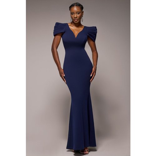 Goddiva Plunging Neck Pleated Sleeves Scuba Maxi Dress - Navy Blue