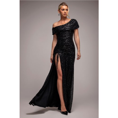 Goddiva Off The Shoulder Sequin Cowl Drawstring Maxi Dress - Black