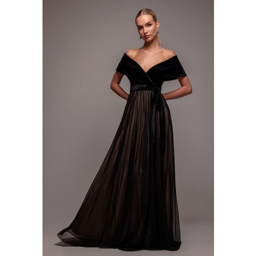 Goddiva Velvet Bardot Dobby Mesh A Line Maxi Dress - Black