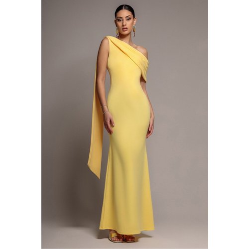 Goddiva Sash One Shoulder Bardot Maxi Dress - Butter Yellow